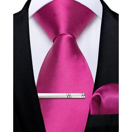 DiBanGu Solid Pink Tie for Men Wedding Business Silk Hot Pink Necktie and Pocket Square Cufflinks Tie Clip Set