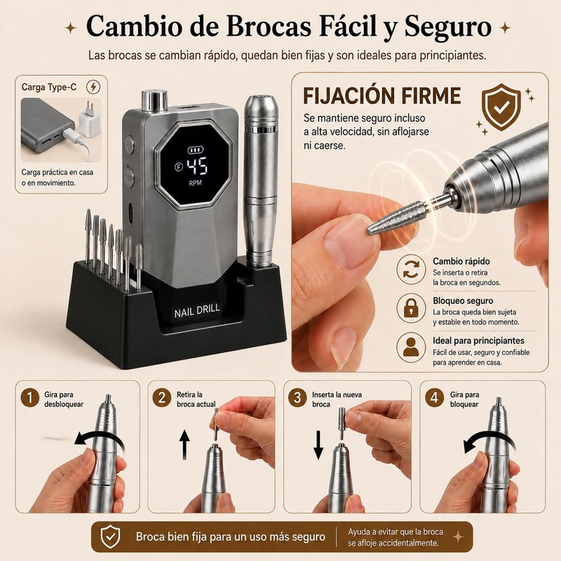 Esmerl para Uñas Eléctrica,Drill para Uñas Profesional 45000 rpm de