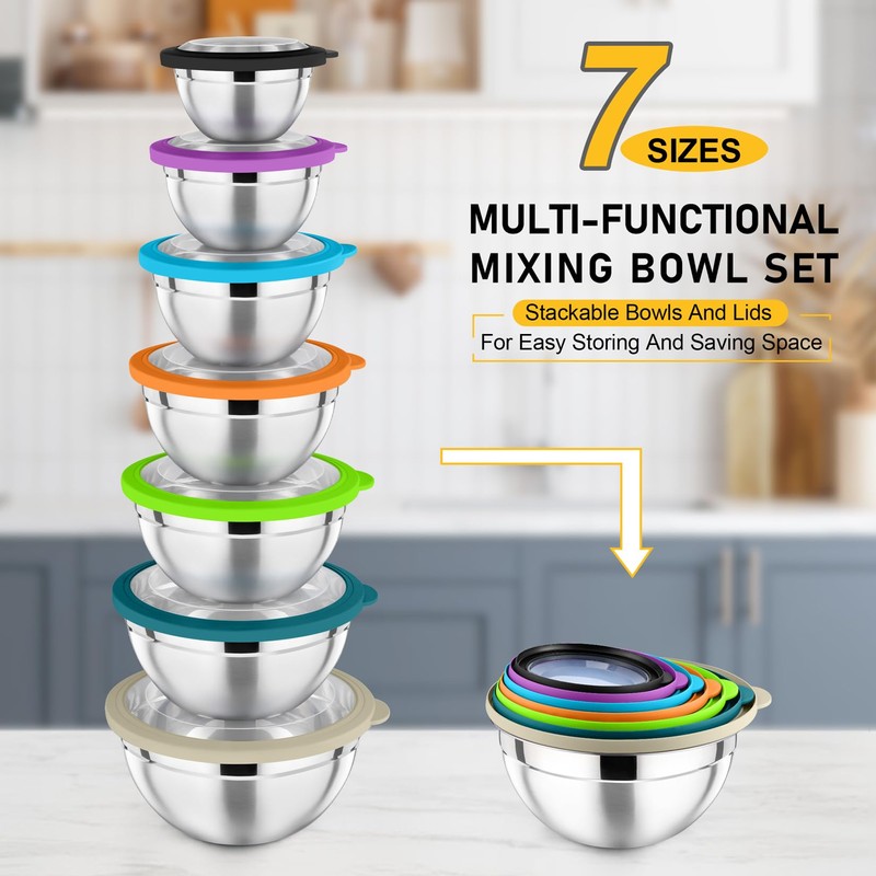 P&P CHEF Mixing Bowl with Lid Set, 7 Pieces Stainless