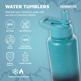 FAHRMOSIS 40 Oz Insulated Water Bottle Stainless Steel Water Bottle with Straw & Holder Strap - Includes 3 Lids Water Bottles - Leak Proof coldest Water Bottle for Men & Women - Indigo Green (Pattern)
