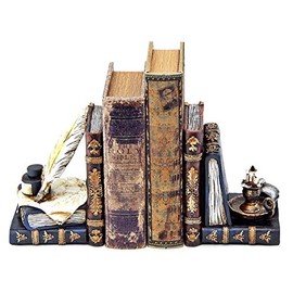 Bellaa 26324 Vintage Bookends Wizard Feather Quill Pen and Ink Bottle with Oil Lamp Antique Style Farmhouse Cottage Lodge Magic Home Decor