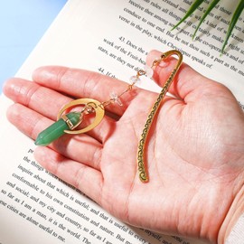 Vintage Metal Bookmark Pendant with Natural Crystal Stones Green Jade Bead Chain – Elegant Book Marks for Women, Men, Book Lovers, Teachers, and Girls(Green Jade)