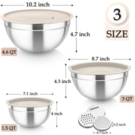 TeamFar Mixing Bowls, Stainless Steel Nesting Salad Bowls with Lids Set of 3 & 3 Grater Attachments, For Mixing/Serving/Storing, Non-toxic & Long-lasting, Size 4.6/3 / 1.5 QT, Khaki