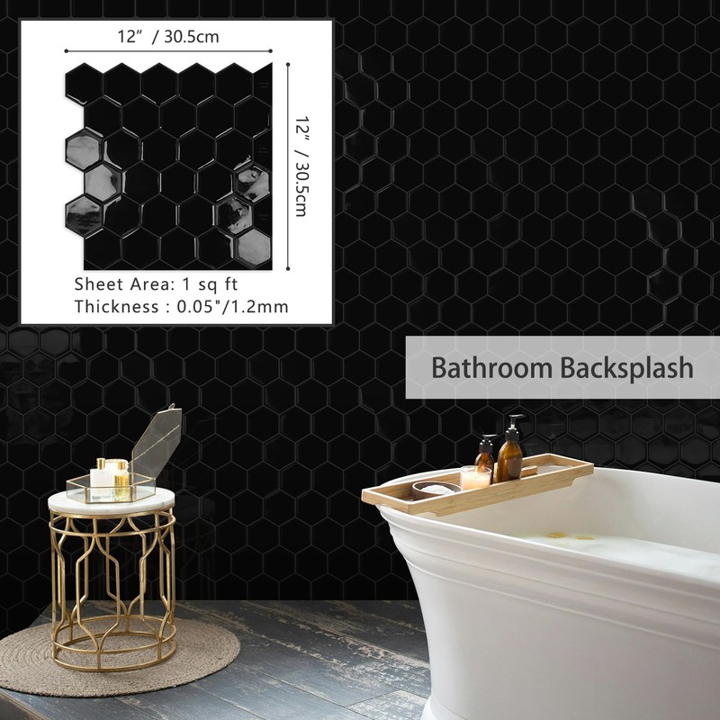 Black Hexagon Peel and Stick Backsplash,12" x 12" Self Adhesive
