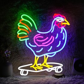 LIUOZHTEA Dimmable Chicken Neon Sign for Wall Decor Funny Skateboarding Rooster LED Neon Light USB Powered Light Up Animal Sign for Bedroom Birthday Party Kids Gifts(16.5 * 13In）