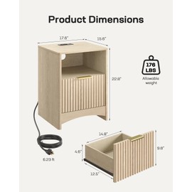 Marsail Fluted Nightstand Set of 2 with Charging Station, Adjustable Bedside Table with USB & AC Ports, Wood Grain Finish End Table, Sleek Wide Handle, Side Table for Bedroom, Natural Oak