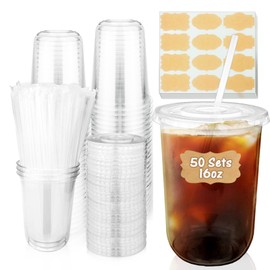 50 Sets Clear Plastic Cups with Lids and Straws, 16oz Round Bottom Disposable Ice Coffee Cups, PET To Go Cups with 60Pcs Label Stickers for Cold Drinks, Juice, Smoothie, Coffee Bar, Party