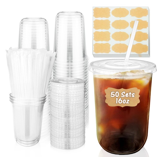 50 Sets Clear Plastic Cups with Lids and Straws, 16oz
