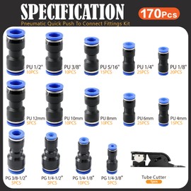 170Pcs Push to Connect Fittings Kit 1/4" 5/16" 1/2" 3/8" 1/8",4/6/8/10/12mm OD,Quick Connect Air Hose Fittings Kit,Pneumatic Fittings for Air Brake System,Air Compressed