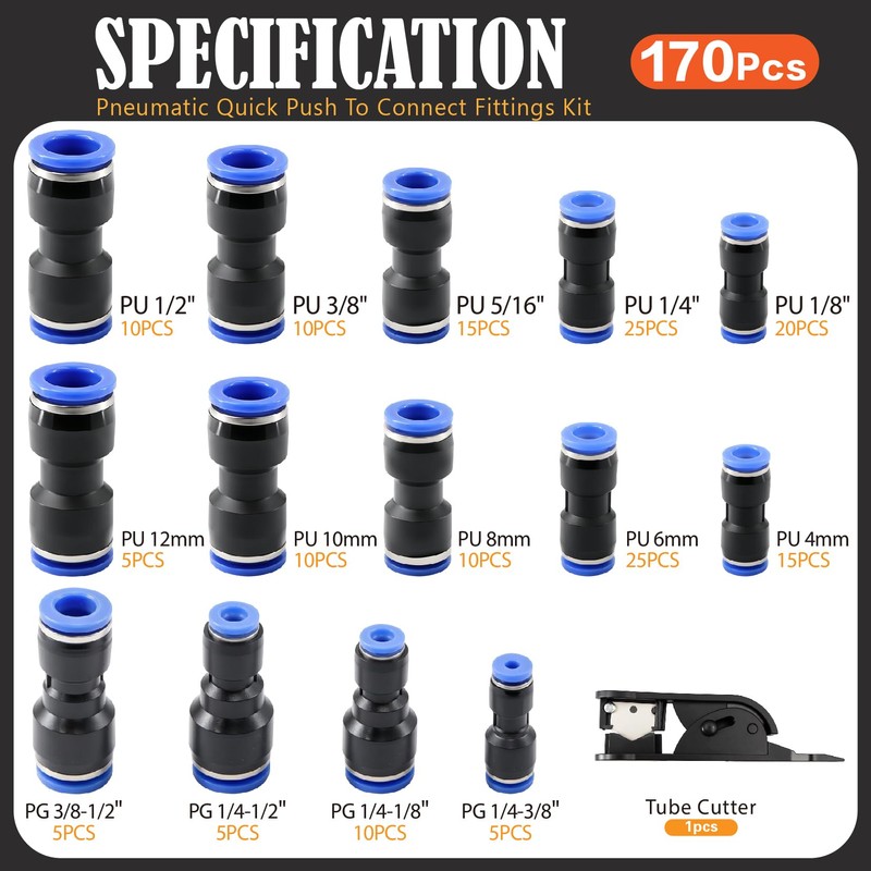 170Pcs Push to Connect Fittings Kit 1/4" 5/16" 1/2" 3/8"