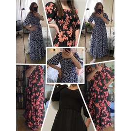 Lyrur Women's Maxi Dress with Pockets Summer Casual Sundress Puff Sleeve Square Neck Smocked Tiered Long Dress(XL,7017-Red Floral)