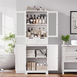 HORSTORS HORSTORS 67" Tall Storage Cabinet, Freestanding Pantry Cabinet with Glass Door and Shelves, Linen Bathroom Cabinet with 2 Drawers for Living Room, Kitchen, Dining Room, Office, White