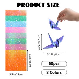 URROMA Meteor Flower Glitter Origami Paper, 60 Pcs Star Square Folding Paper Origami Colorful Hand Origami Paper for DIY Craft Art Accessories, 14.2CM