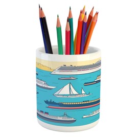 Ambesonne Blue Nautical Pencil Pen Holder, Digitally Generated Layout of Ships Yachts Steamship Ferry Fishing Boat, Ceramic Pencil Holder for Desk Office Accessory, 3.6" X 3.2", Blue Multicolor