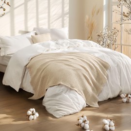 Bedsure 5 Pieces Cotton Comforter Set with Waffle Throw Blanket - Soft Breathable Bedding Set for All Seasons, White Comforter Full Size, Pillow Shams, Beige 100% Cotton Blanket, Throw Pillow