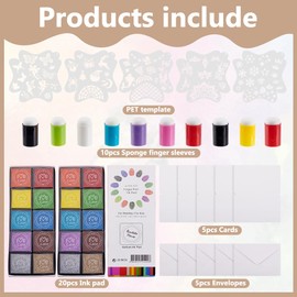 WEBEEDY 49 Stück DIY Fingermalerei-Set mit Schwämmen Gemischtes Stil Kunst Set Mit Schwämmen Tintenpads Haustier Schablonen Leere Karten & Umschläge Erwachsenen Handgemachte Finger Tupfer Kit