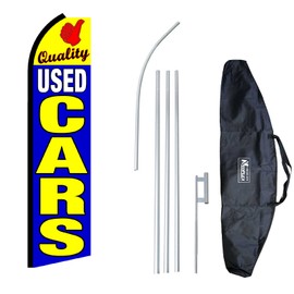 "Quality Used Cars" 12-Foot Swooper Feather Flag and Case Complete Set...Includes 12-Foot Flag, 15-Foot Pole, Ground Spike, and Carrying/Storage Case