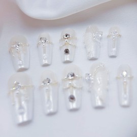 CAPTAIN CAT Handmade Press on Nails White Wedding 3D Flower Design Coffin length 1.22in Reusable Fake Nails for Women 20pcs (Pearl Romance, L)