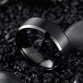 VAKKI 8mm Men's Black Tungsten Carbide Wedding Ring Band with Silver Beveled Edges Comfort Fit Size P