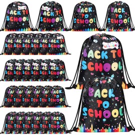SATINIOR 24 Pcs Back to School Drawstring Backpacks Bulk, Waterproof and Durable Cinch Bags for School, Pencils Flag String Backpacks Treat Candy Gift Bags for Classroom Party Favors Supplies