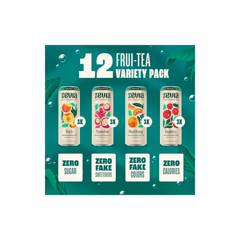 Zevia Zero Sugar Tea, Fruity Tea Variety Pack, 12 oz