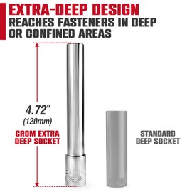 CROM 3/8" Drive Extra Deep Socket Set - Metric Long Socket Set 120 Deep 6PT in 8, 10, 12, 13,14mm (5 Piece)