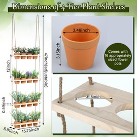 FillTouch 4 Tiered Hanging Herb Planters Hanging Herb Garden Wall with 16 Pcs Nursery Pot Wood Vertical Hanging Window Plant Shelf with Holes and Rope Plastic Flower Pots Spring Garden Indoor Kitchen