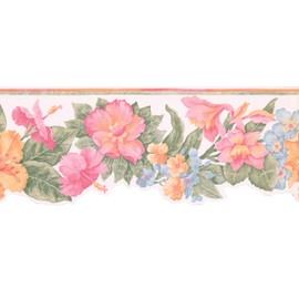 CONCORD WALLCOVERINGS ™ Wallpaper Border Floral Pattern Flowers Leaves Lines, Die Cut Edge for Cottage Kitchen Dining Room, Pink Orange Blue Green, 15 Feet by 8 Inches BR14013DB