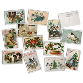 Hill Valley Greetings Antique Christmas Animals Post Cards - 24 Vintage Christmas Postcards - 12 Assorted Retro Holiday Animal Illustration Cards Printed on Vintage Textured Style Cardstock