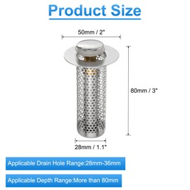 uxcell Bathroom Sink Stopper Push Type Sink Drain Strainer Filter with Removable Stainless Steel Filter Basket Hair Catcher Fit for 1.1"-1.4" Dia 3" Depth Sink Drain Hole, Silver
