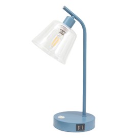 Simple Designs LD1074-BLU 15.75" Sleek Essentials Modern Industrial Metal Desk Lamp with Clear Glass Shade and Dual USB Ports, for Office, Desk, Nightstand, Dorm, Blue