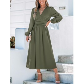 CUPSHE Fall Dresses for Women V Neck Long Sleeve Tunic Waist Slit Solid Color A Line Midi Casual Dress Olive Green, L