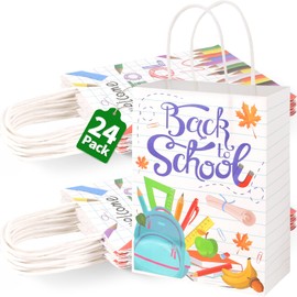 FYXMI Kraft Paper Gift Bags with Handles, 24 Pack, School Supplies, Decorative Pencil Design, Candy Treat Bags (24)