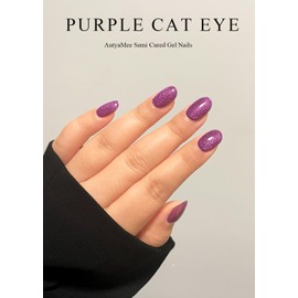 AutyaMee Semi Cured Gel Nail Strips (Purple Cat-Eye)-20 PCS Gel Nail Wraps | Gel Nail Stickers, Salon Quality & Easy To Use | UV Light Required