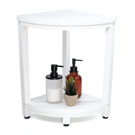 18.5” White Wood Corner Shower Stool with Storage Shelf – Two Tier Corner Shower Bench for Small Spaces - Wooden Stool for Bathroom & Showers - Shower Benches for Inside Shower – (12x12x18.5)