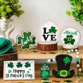 DIYDEC 6Pcs St.Patrick's Day Table Decoration Luck Shamrocks Wooden Signs Irish Decor Rustic St. Patrick Tiered Tray Decor Happy St.Patrick's Day Centerpiece Sign for Home Table Shelf Party Decor