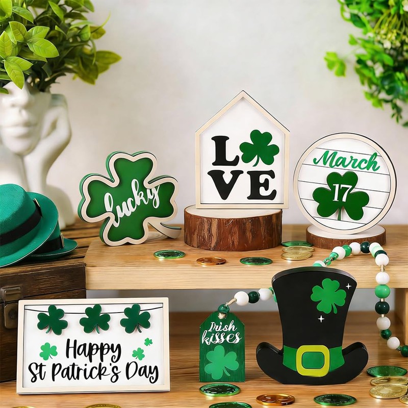 DIYDEC 6Pcs St.Patrick's Day Table Decoration Luck Shamrocks Wooden Signs