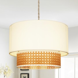 Frideko Lamp Shade - Modern 2 Tier Lampshades for Ceiling Lights,Cream Lamp Shades with Rattan for Table Lamps and Floor Lamps,Pendant Light Shade for Bedroom,Living Room,Hallway and Kitchen
