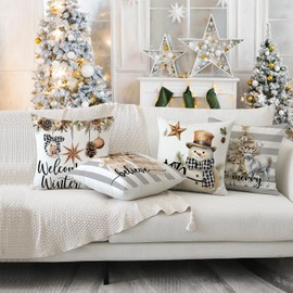 Miaikoe Christmas Cushion Covers 40x40 cm Set of 4 Snowman Gloves Welcome Winter Grey White Strip Christmas Throw Pillow Covers Winter Farmhouse Decoration for Home