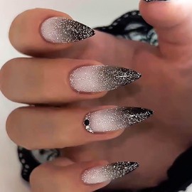 Vokupoga Almond Press on Nails Long Stiletto Fake Nails Black French Tip False Nails with Black White Ombre Designs Glitter Full Cover Artificial Nail Press ons Holiday Stick on Nails for Women 24Pcs