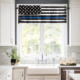 Thin Blue Line American Flag Curtain Valances, Black USA Police Rod Pocket Valance Tier Curtains Window Treatment Drapes for Kitchen Living Room Bedroom Windows, 54x18 Inch 1 Panel