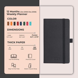 IN-LUXPRO Weekly Monthly 2026 Planner (Jan.26-Dec.26),6.5"x3.75",12 Months Agenda Plan with Month Tabs & Pocket,Expenses/Note Pages, Appointment Book Calendar with Hardcover Vegan Leather Cover,Black