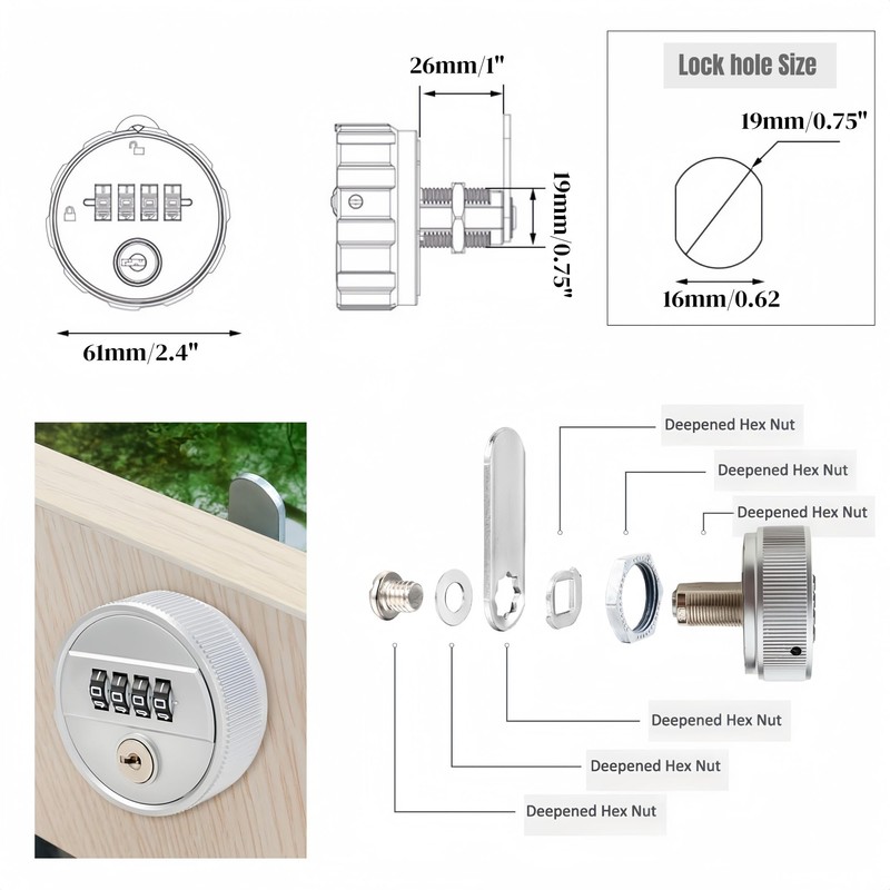 Large Combination Cabinet Cam Lock with Key,4-Dial Combi-cam Locks for