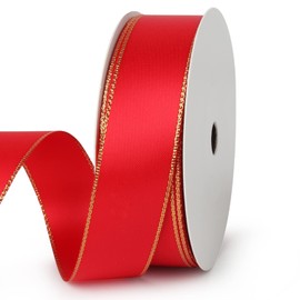 VIVIQUEN Red Double Faced Satin Ribbon with Gold Edge, 1” Polyester Continuous Ribbon -25 Yards,Wide Ribbon for Gift Wrapping,Wedding,Bows Bouquet,Floral Arrangement and Craft