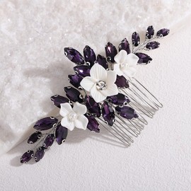 Xerling Bride Wedding Dark Purple Rhinestone Hair Comb Flower Hair Piece Bridal Floral Hair Jewelry Accessories for Women (Dark Purple)