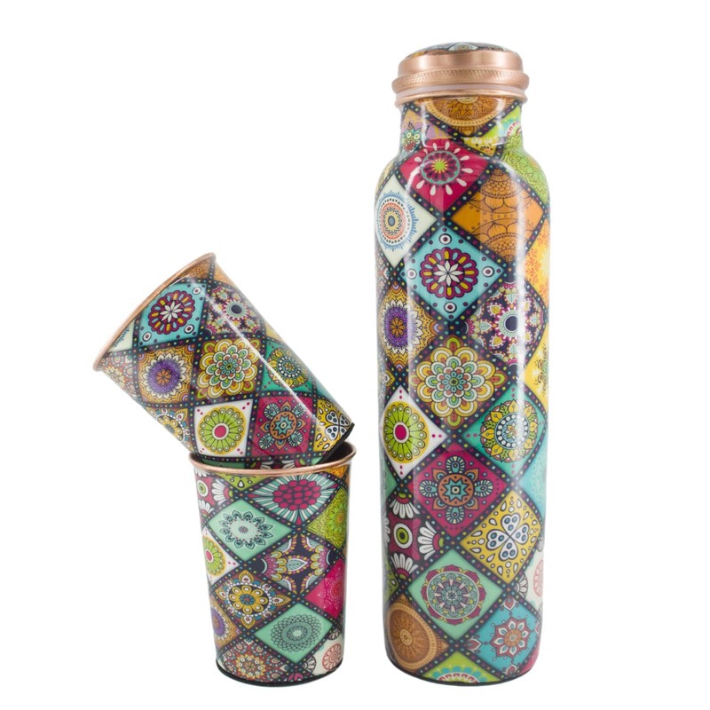 HealthGoodsIn Pure Copper Water Bottle with 2 Tumblers Set, Eco-Friendly,