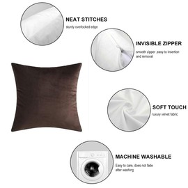 Andreannie Set of 4 Velvet Super Soft Comfortable Solid Decorative Throw Pillow Cover Cushion Case for Sofa Living Room 18 inches,20 inches Square(Brown, 18 x 18-Inch) ¡