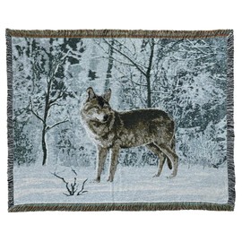 EZ.enjoy Woodlands Wolf Lodge Woven Tapestry Throw Blanket Wall Hanging Art Handicrafts Jacquard Multipurpose Soft Travel Mat Outdoor with Fringe Tassels 50 X 60 Inches