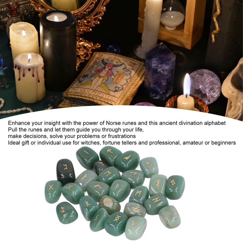 25pcs Rune Stones Set Hand Carved Polished Green Aventurine Portable