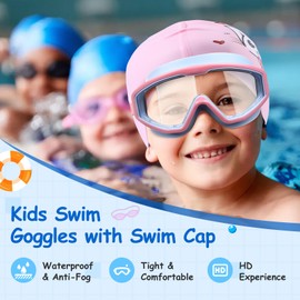Behufun Kids Swim Goggles with Swim Cap, Swimming Goggles for Kids 6-14, Anti-Fog UV Protection Pool Clear for Boys Girls